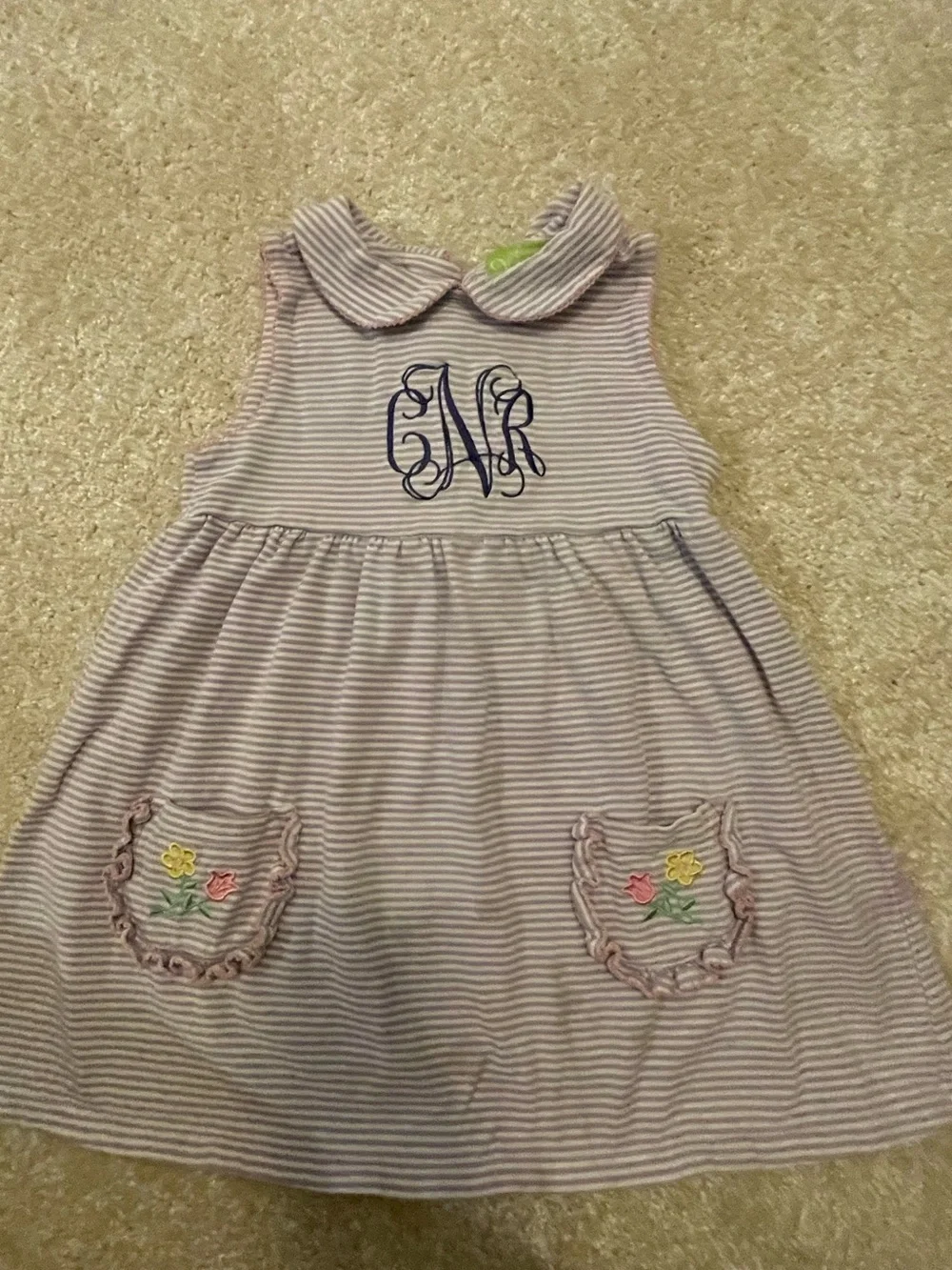 Sleeveless Lavender and White Striped Kids Dress with Peter Pan Collar